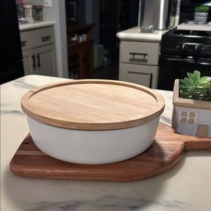 Crate and Barrel Wood Lid Ceramic Storage Bowl - White 9”w x 2.77” H